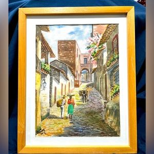 DIAZ MEXICO PEOPLE STREET SCENE WATERCOLOR ON PRINT MATTED & FRAMED PAINTING
